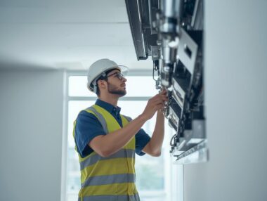 Technician performing building maintenance and repairs in modern commercial property, ensuring safety and smooth operation