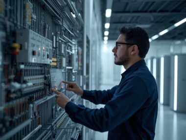 Facility manager monitoring electrical, plumbing, and HVAC systems in a modern building, ensuring technical compliance