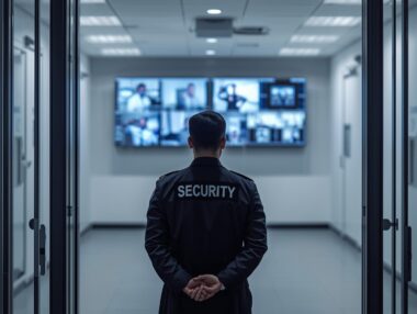 Security professional overseeing building access with CCTV and control systems, maintaining safe and secure environment
