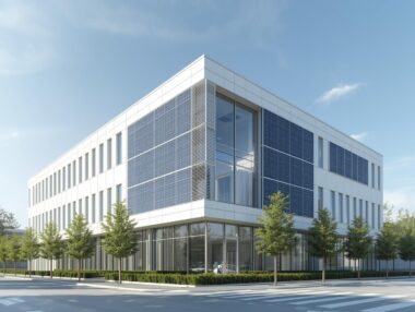 Energy-efficient commercial building with sustainable solutions and eco-friendly technology, promoting reduced energy consumption